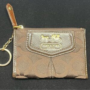 Coach Signature Mini Skinny Canvas Leather Zip Key Coin ID Card Purse - Browns
